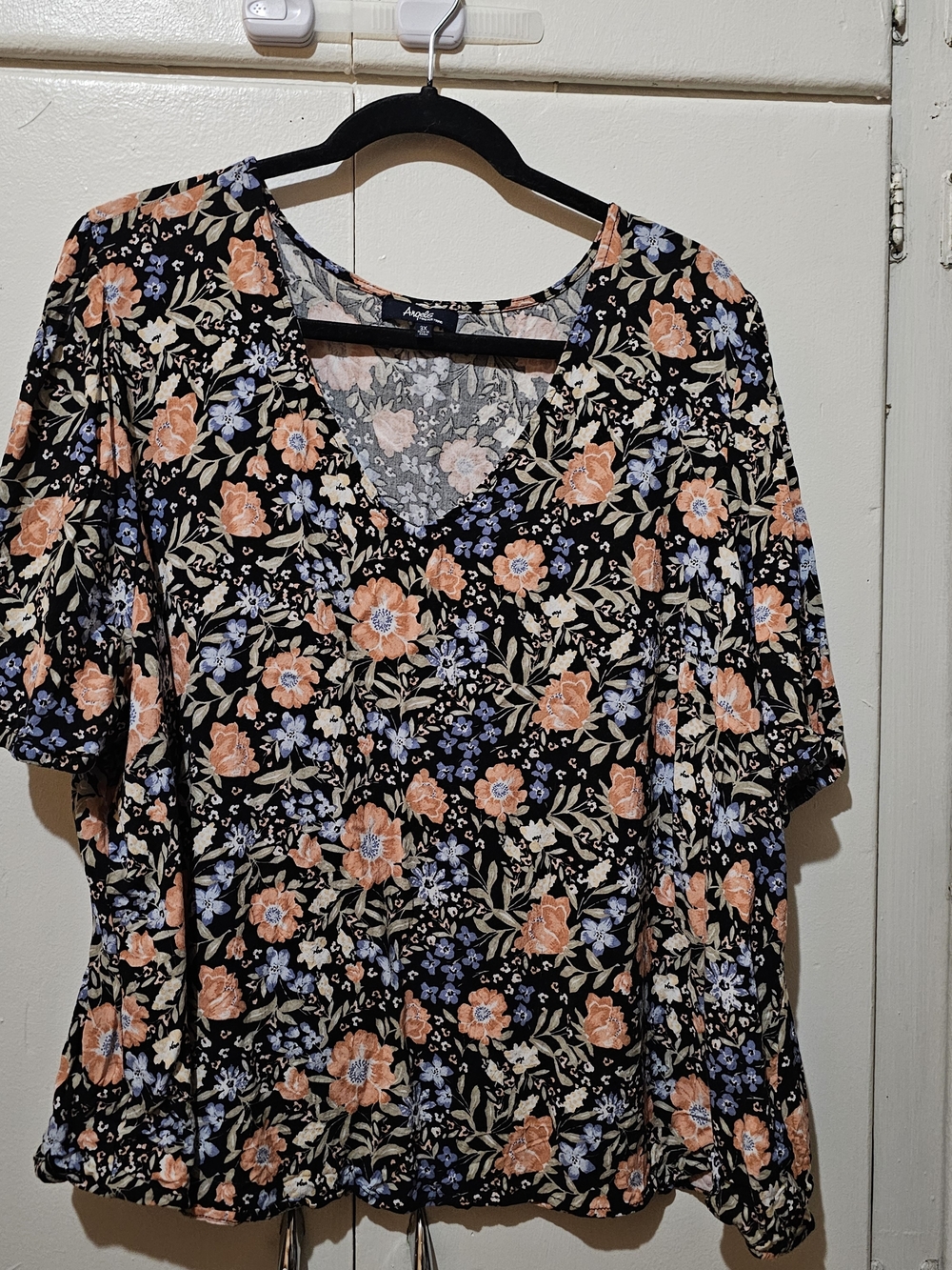 Angels Black Floral V-Neck Tunic with Peach & Blue Blooms